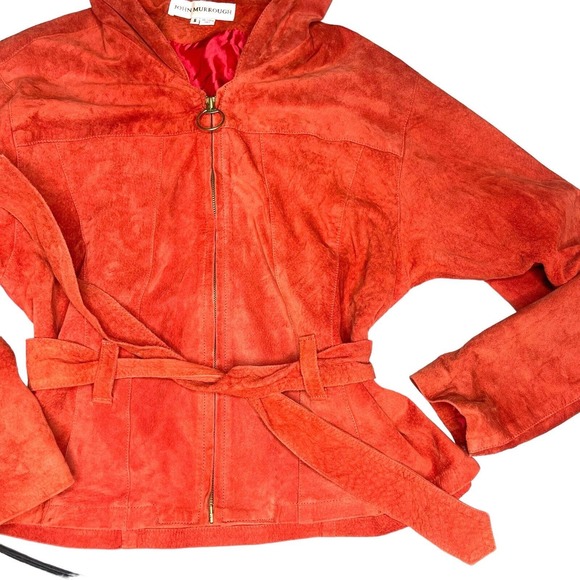 John Murrough Vintage 80s Suede Leather Orange O-Ring Zip Up Hooded Jacket Small - Picture 4 of 14
